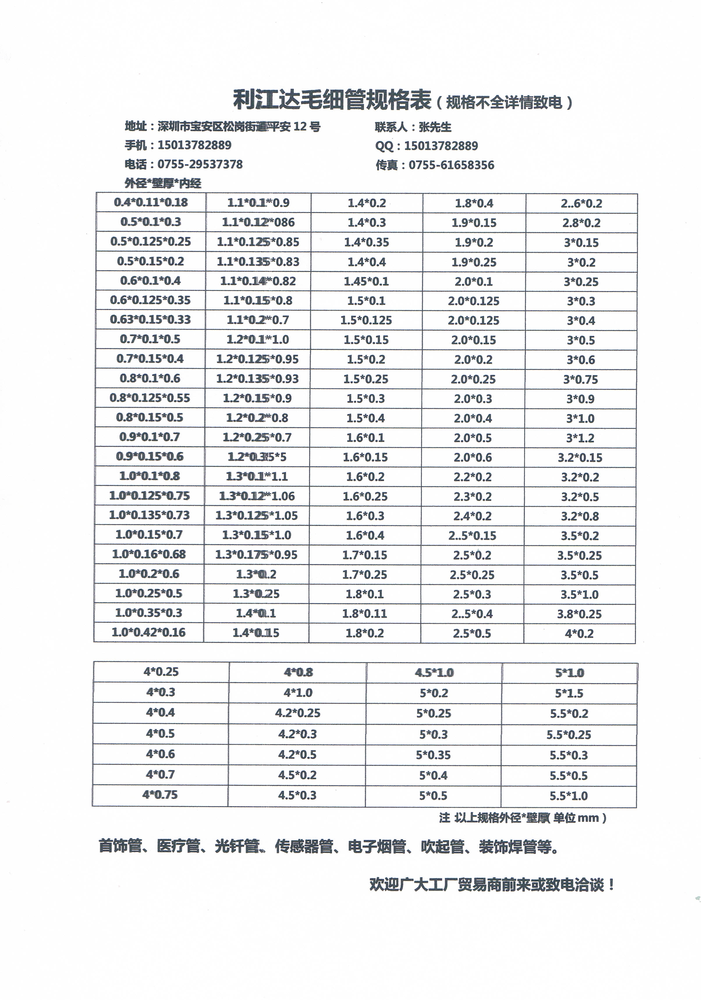 2017年最新不銹鋼毛細管規格表
